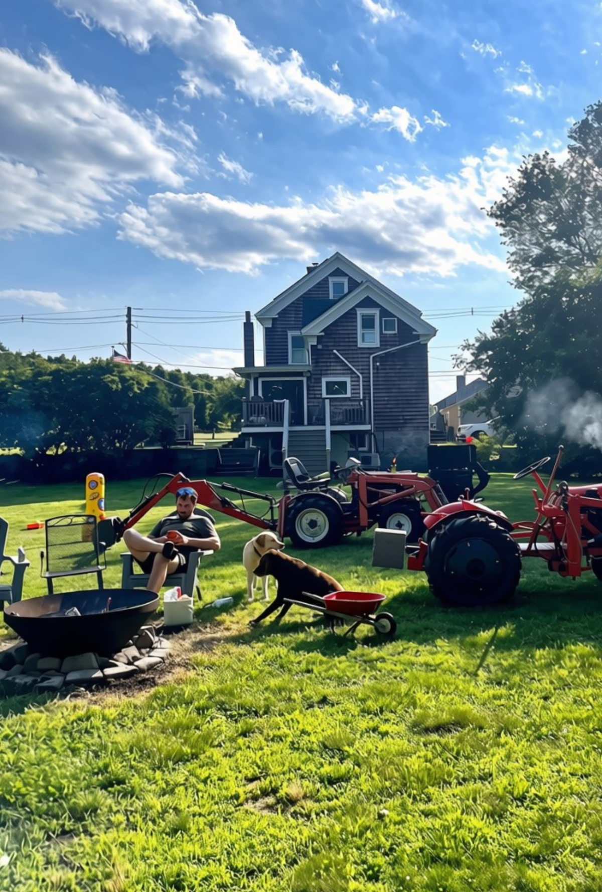 A sunny yard at Loranger Farm with tractors, a house, and open sky
